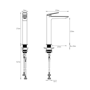 GARETH ASHTON VELA TALL BASIN MIXER BLACK - technical drawing