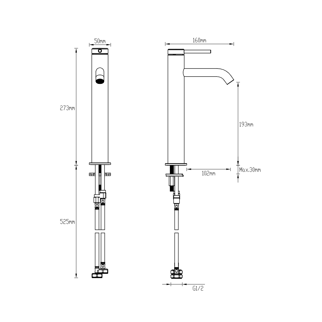 GARETH ASHTON POCO KNURLED TALL BASIN MIXER BLACK - technical drawing