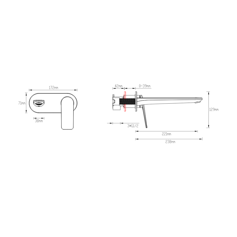 GARETH ASHTON VELA WALL BASIN / BATH MIXER SET 220MM CHROME - technical drawing