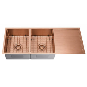 LUKKA KLIFF HAND MADE PVD STAINLESS STEEL DOUBLE BOWL WITH DRAINER UNDERMOUNT KITCHEN SINK BRUSHED BRONZE 1140MM