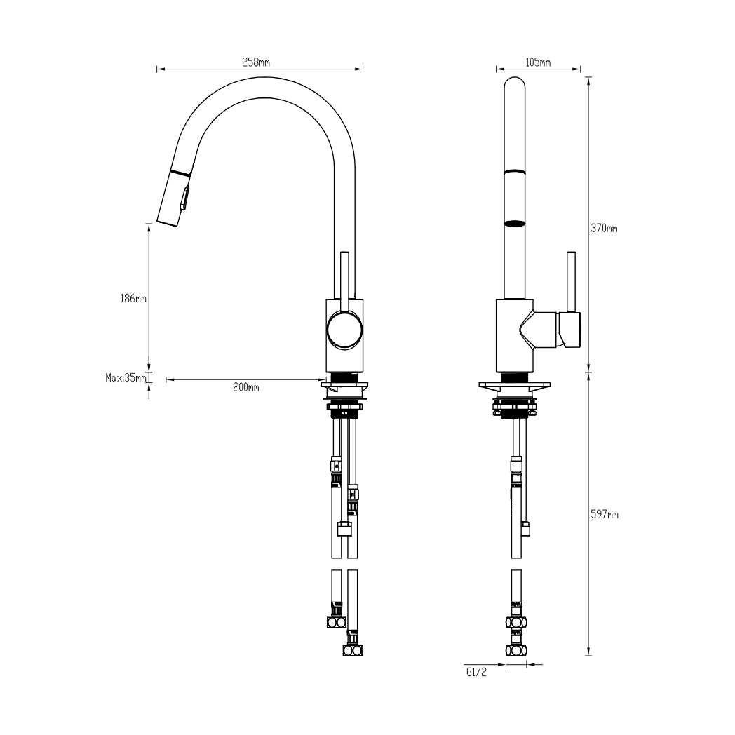 GARETH ASHTON LUCIA PULL-OUT SPRAY SINK MIXER CHROME - technical drawing