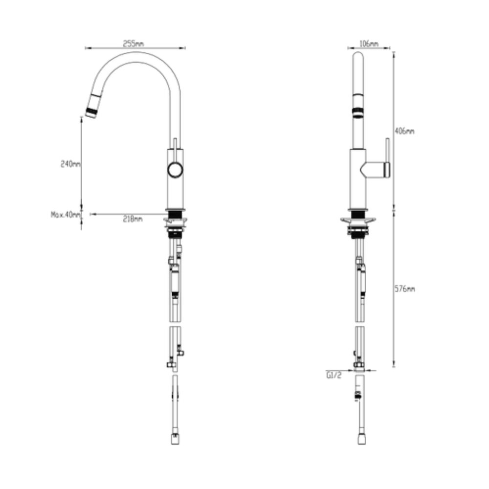 GARETH ASHTON POCO PULL-OUT SINK MIXER CHROME - technical drawing