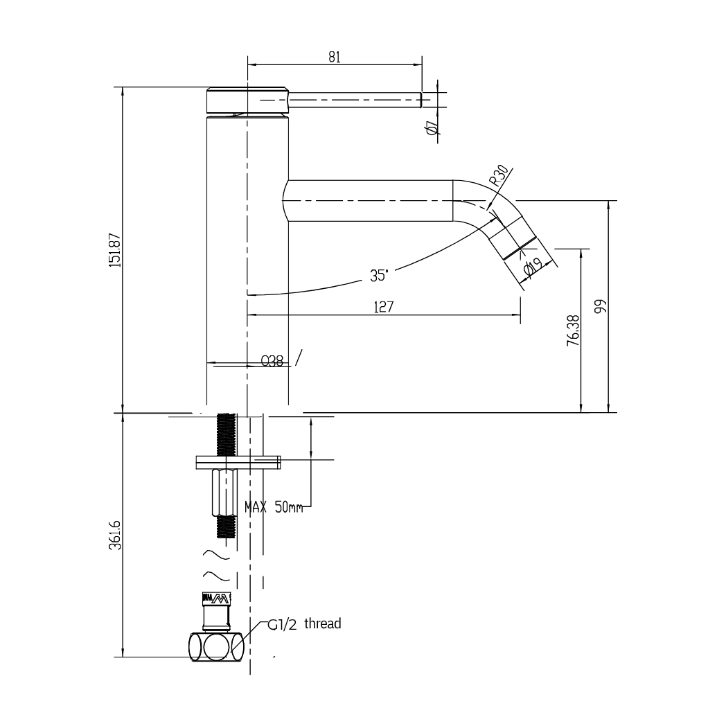 GARETH ASHTON POCO BASIN MIXER CHROME - technical drawing