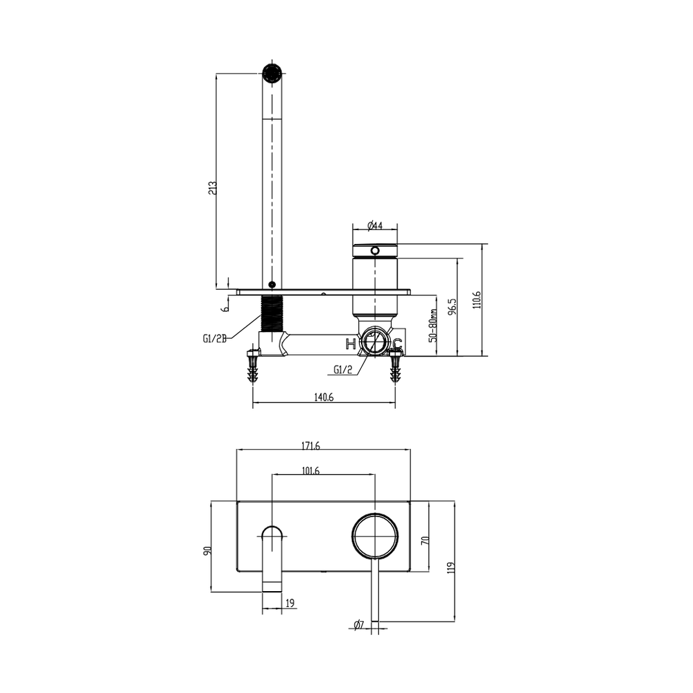 GARETH ASHTON POCO WALL BASIN / BATH MIXER SET 220MM CHROME - technical drawing
