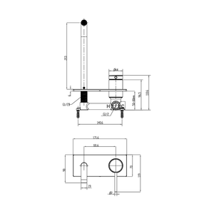GARETH ASHTON POCO WALL BASIN / BATH MIXER SET 220MM CHROME - technical drawing