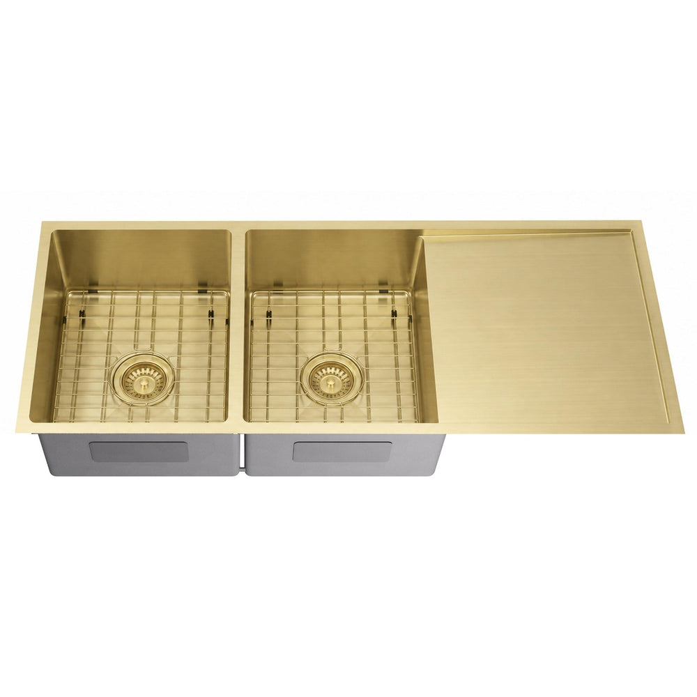 LUKKA KLIFF HAND MADE PVD STAINLESS STEEL DOUBLE BOWL WITH DRAINER UNDERMOUNT KITCHEN SINK BRUSHED BRASS 1140MM
