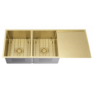 LUKKA KLIFF HAND MADE PVD STAINLESS STEEL DOUBLE BOWL WITH DRAINER UNDERMOUNT KITCHEN SINK BRUSHED BRASS 1140MM
