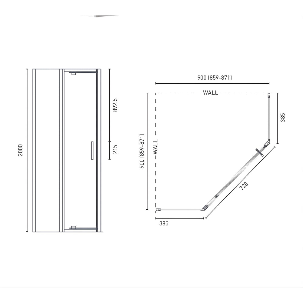 DECINA PREZZO SEMI-FRAMELESS ANGLED SHOWER SCREEN CHROME 900MM