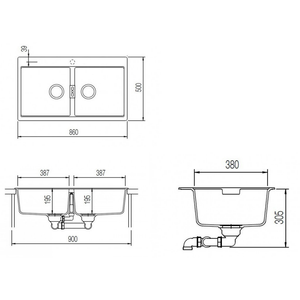 SCHOCK N200W KITCHEN SINK TECHNICAL DRAWING WITH DIMENSIONS