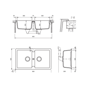 SCHOCK TN200B KITCHEN SINK TECHNICAL DRAWING WITH DIMENSIONS