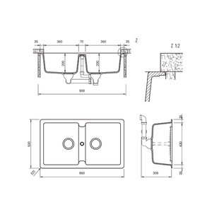 SCHOCK TN200N-NTH KITCHEN SINK TECHNICAL DRAWING WITH DIMENSIONS