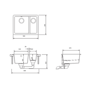 SCHOCK QN-150W KITCHEN SINK TECHNICAL DRAWING WITH DIMENSIONS