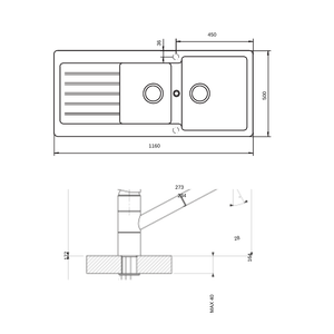 SCHOCK TD200T2BL KITCHEN SINK TECHNICAL DRAWING WITH DIMENSIONS