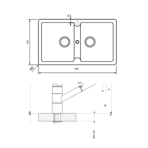 SCHOCK TN200T2B KITCHEN SINK TECHNICAL DRAWING WITH DIMENSIONS