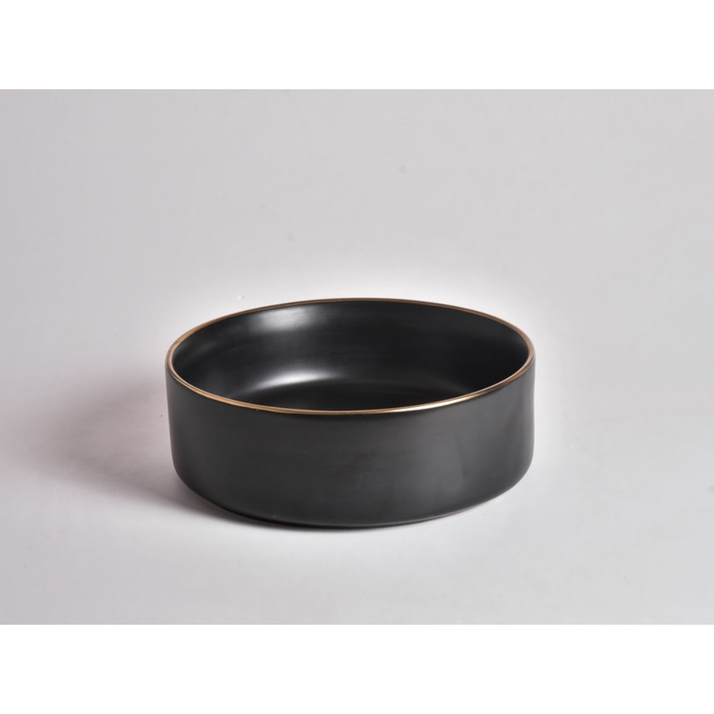 CLAYA ROUND ABOVE COUNTER BASIN MATTE BLACK GOLD RIM 360MM