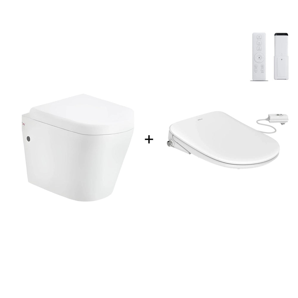 ATTICA GAIA BIDET W/ REMOTE CONTROL AND INSPIRE ALZANO RIMLESS WALL HUNG TOILET PACKAGE D-SHAPE GLOSS WHITE
