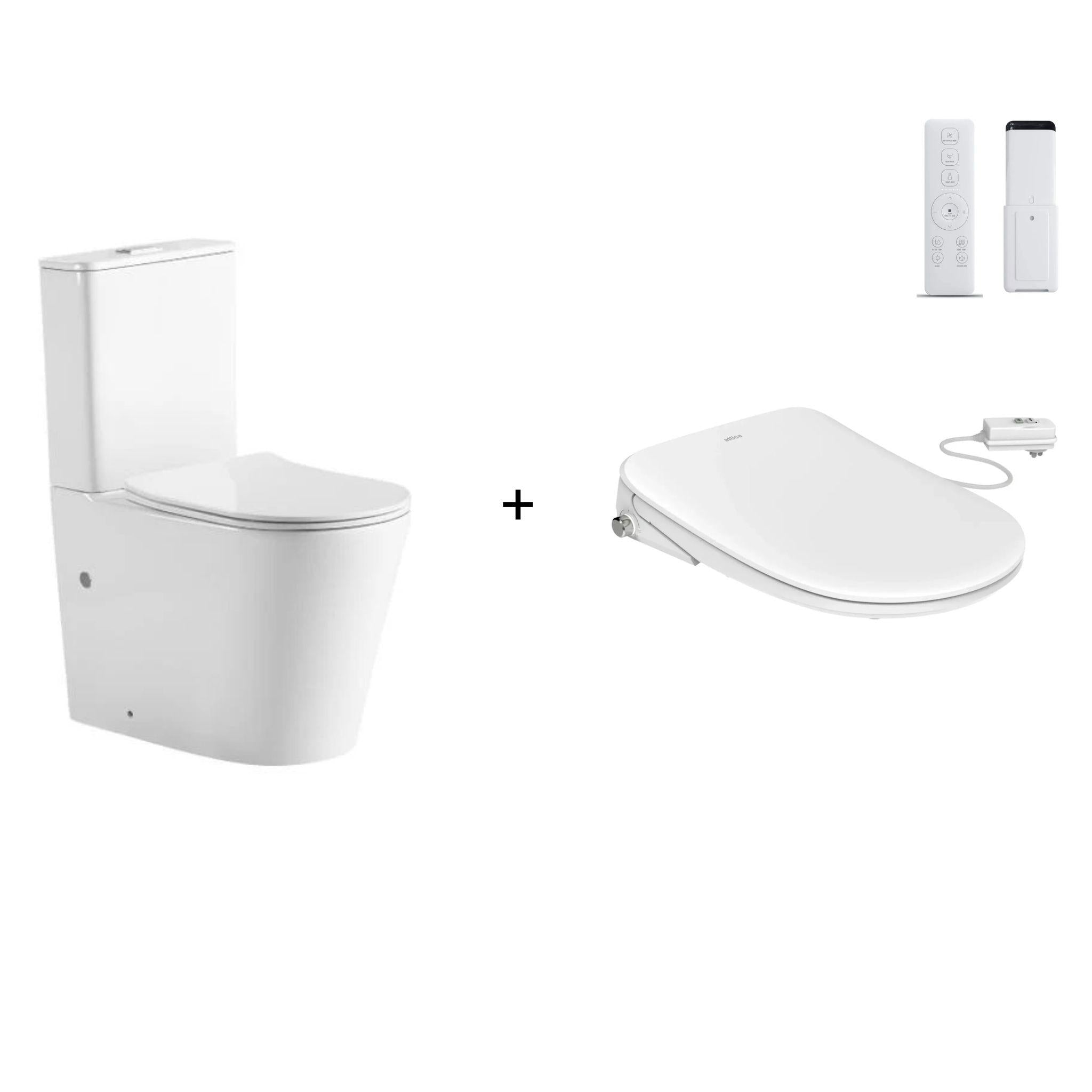 ATTICA GAIA WASHLET W/ REMOTE CONTROL AND INSPIRE RADIANT RIMLESS BTW TOILET PACKAGE D-SHAPE GLOSS WHITE