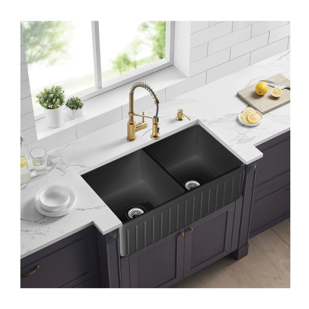 VITO BRADLEY FIRECLAY DOUBLE BOWL FARMHOUSE KITCHEN SINK MATTE BLACK 838MM