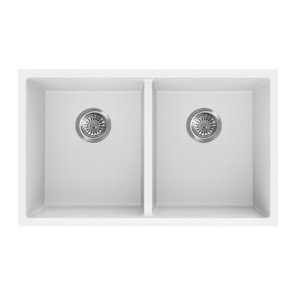 VITO QUARTZ DOUBLE BOWL UNDERMOUNT KITCHEN SINK MATTE WHITE 813MM