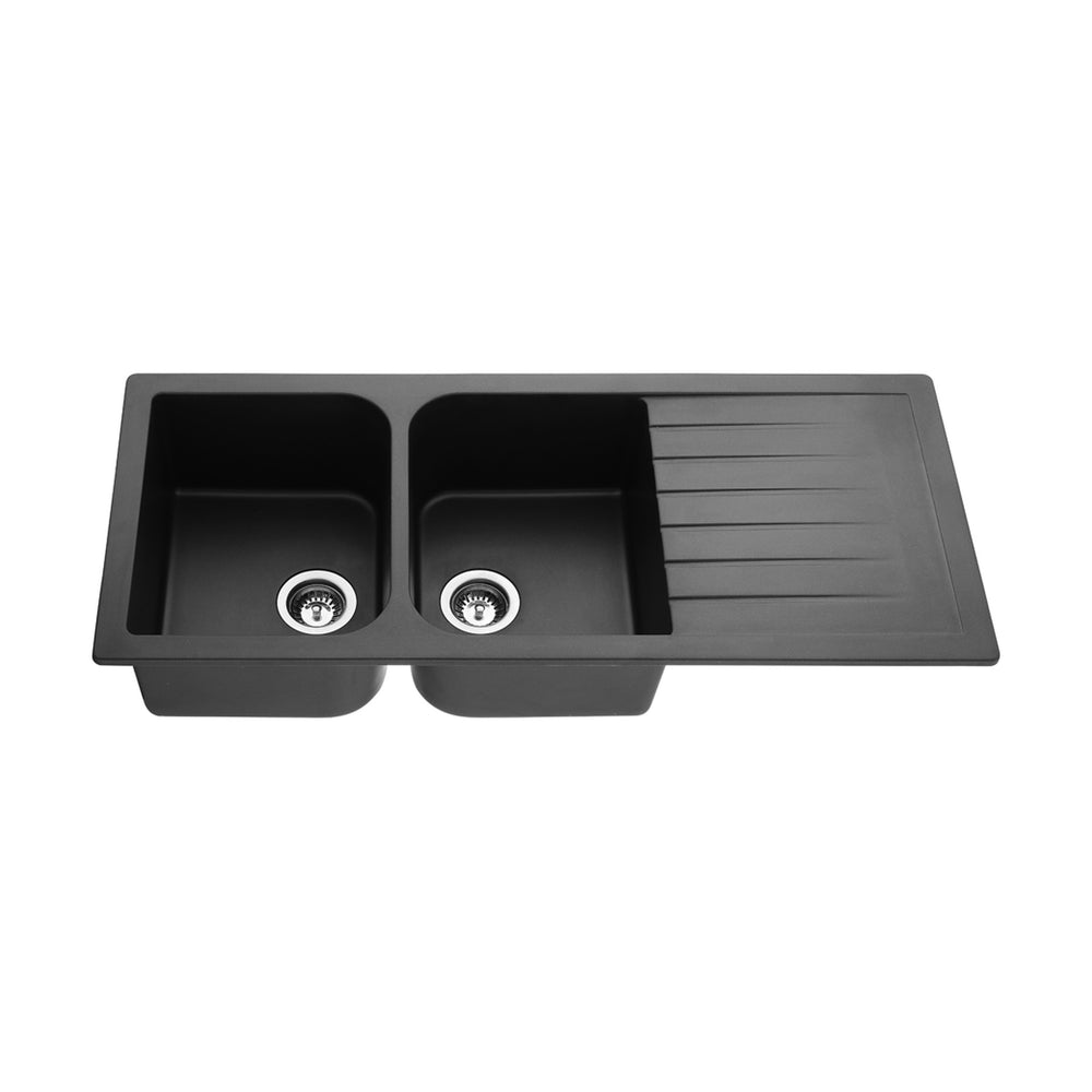 VITO QUARTZ DOUBLE BOWL WITH DRAINER TOP MOUNT KITCHEN SINK MATTE BLACK 1160MM