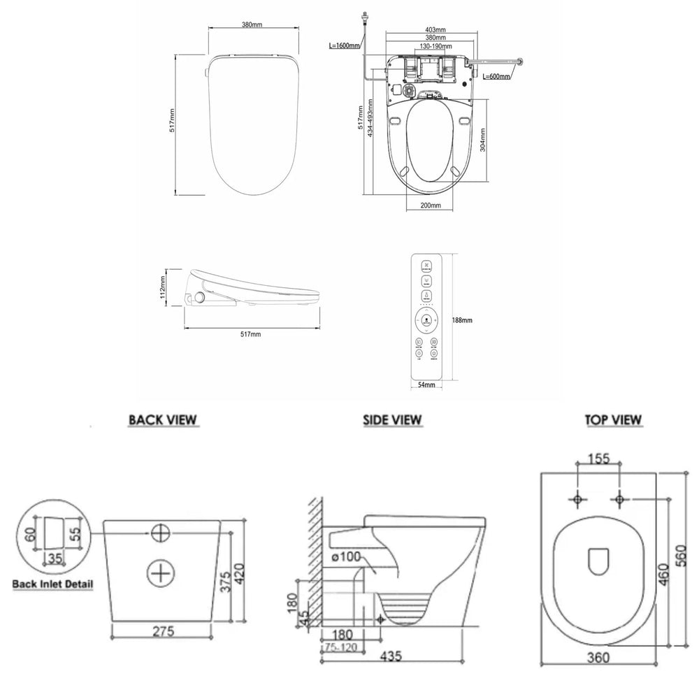ATTICA GAIA BIDET W/ REMOTE CONTROL AND INSPIRE ALZANO RIMLESS WALL FACED TOILET PACKAGE D-SHAPE GLOSS WHITE