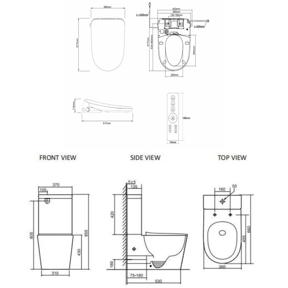 ATTICA GAIA BIDET W/ REMOTE CONTROL AND INSPIRE RADIANT RIMLESS BTW TOILET PACKAGE D-SHAPE GLOSS WHITE