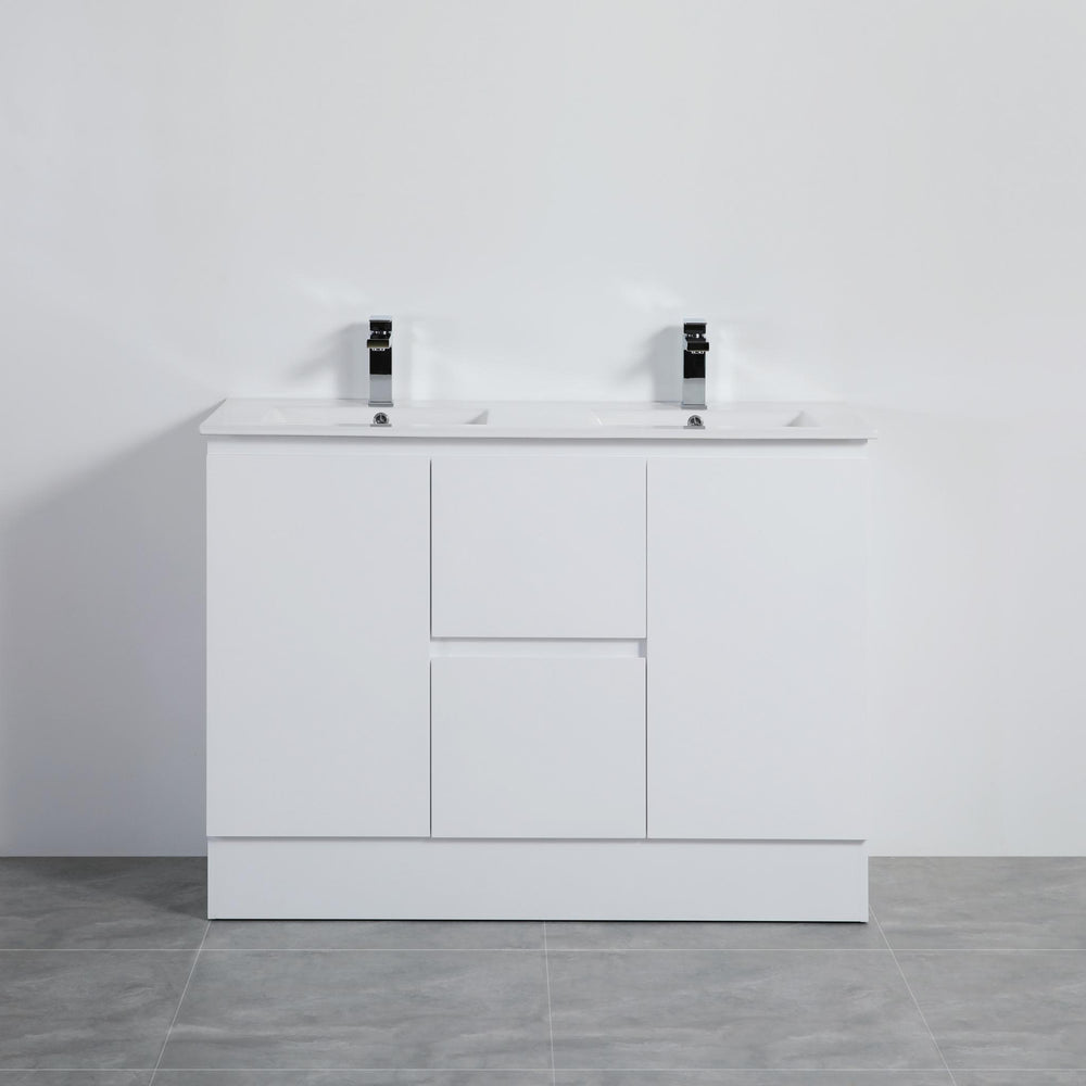 LUKKA ALPHA GLOSS WHITE 1200MM DOUBLE BOWL FLOOR STANDING VANITY WITH KICKBOARD