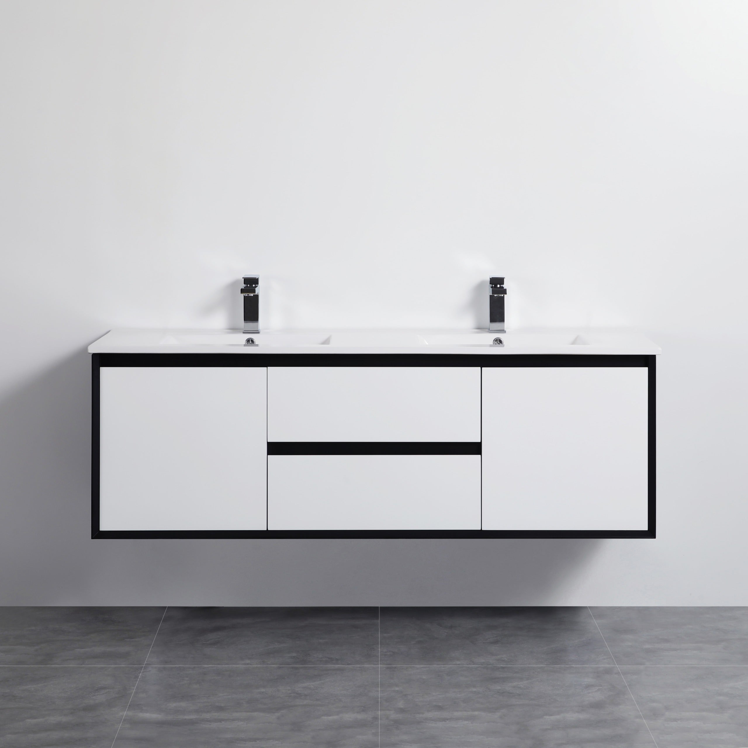 POSEIDON PETRA MATTE WHITE AND MATTE BLACK 1500MM DOUBLE BOWL WALL HUNG VANITY