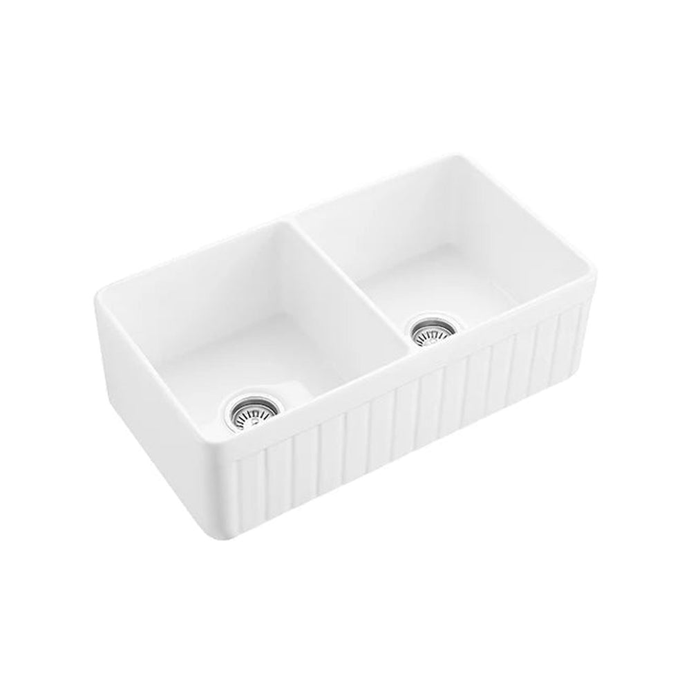 VITO BRADLEY FIRECLAY DOUBLE BOWL FARMHOUSE KITCHEN SINK GLOSS WHITE 838MM