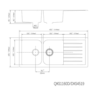 VITO QUARTZ DOUBLE BOWL WITH DRAINER TOP MOUNT KITCHEN SINK MATTE BLACK 1160MM