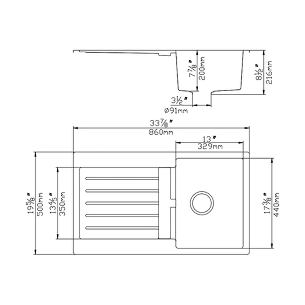 VITO QUARTZ SINGLE BOWL WITH DRAINER TOP MOUNT KITCHEN SINK MATTE BLACK 860MM