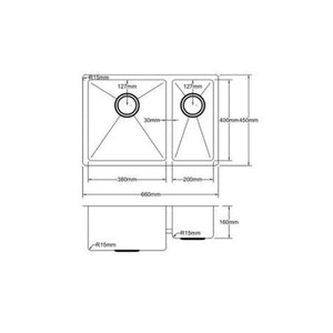 VITO STAINLESS STEEL DOUBLE BOWL INSET AND UNDERMOUNT KITCHEN SINK 660MM