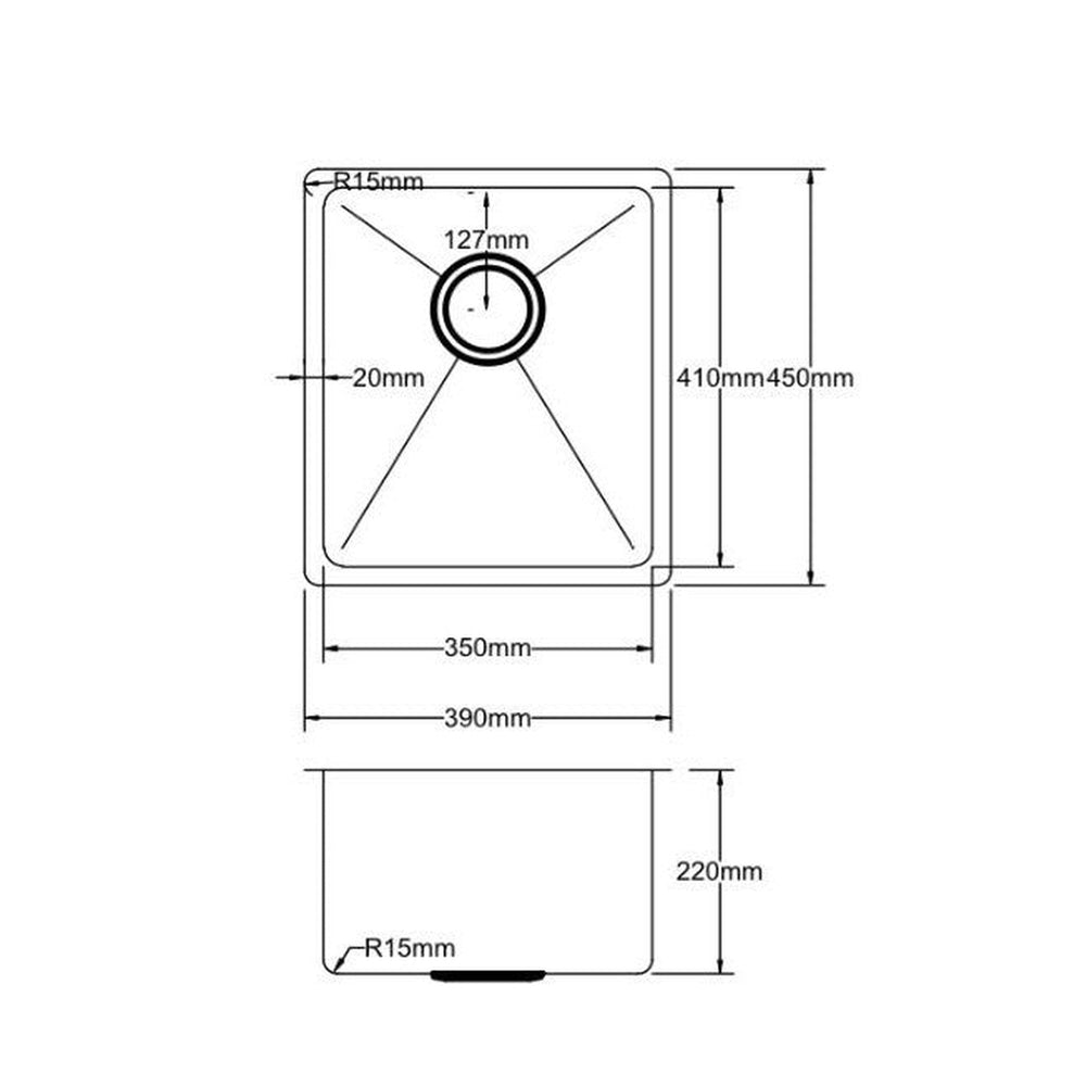VITO STAINLESS STEEL SINGLE BOWL UNDERMOUNT KITCHEN SINK 390MM