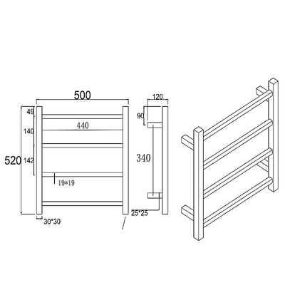 AQUAPERLA 4 BARS HEATED TOWEL RACK BRUSHED NICKEL 520MM