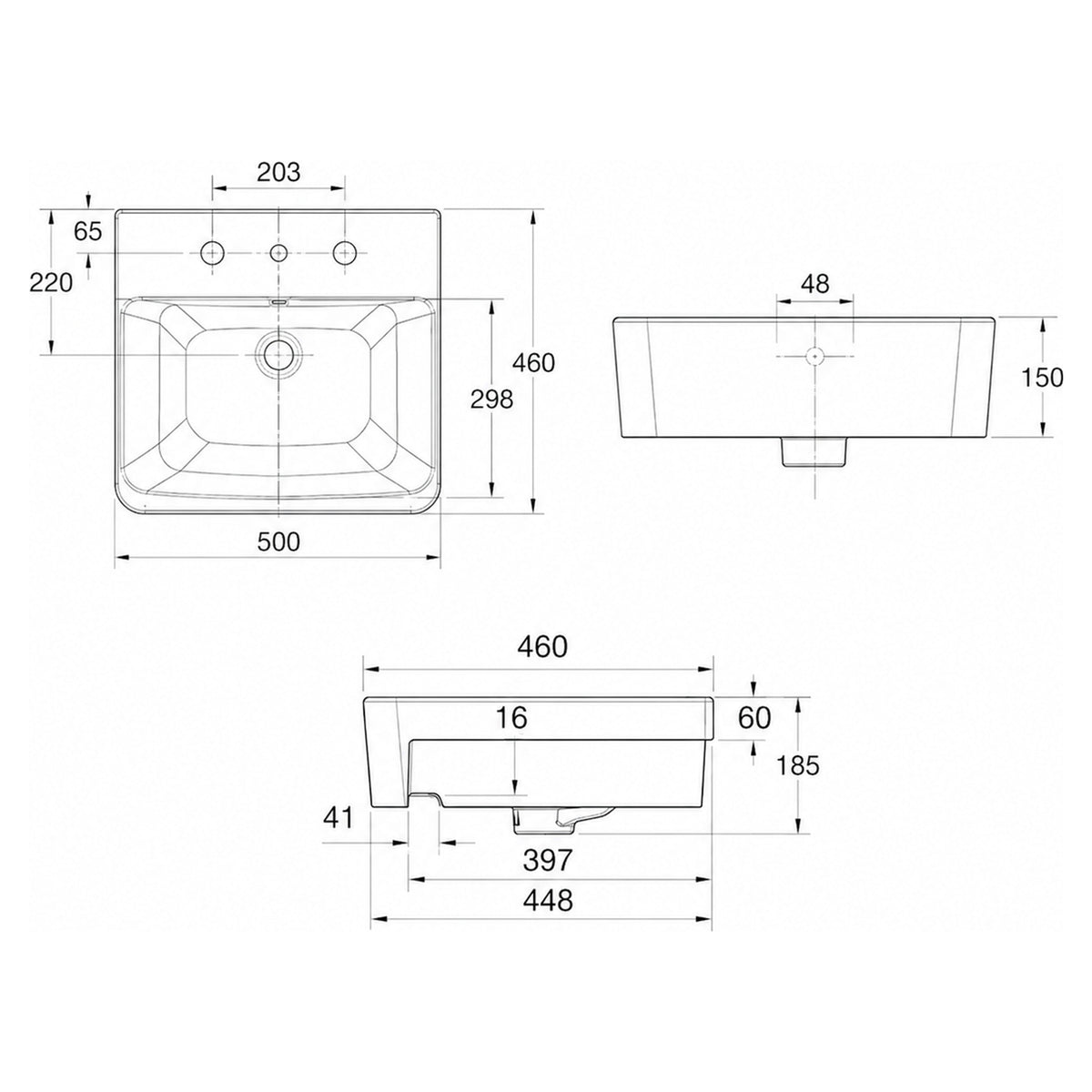 AMERICAN STANDARD HERON SQUARE SEMI RECESSED BASIN OVERFLOW WHITE 500MM