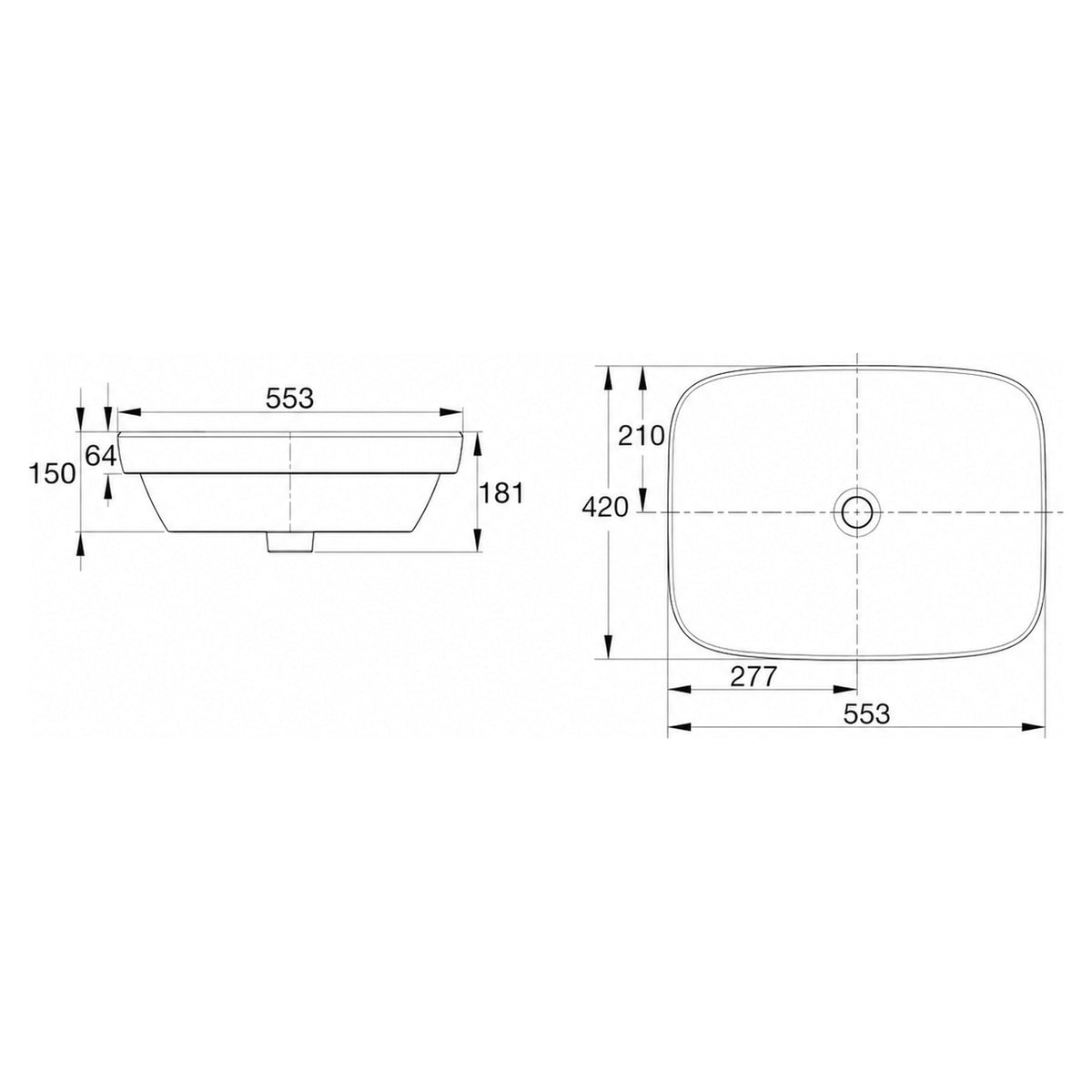 AMERICAN STANDARD CYGNET SEMI INSET BASIN NO OVERFLOW WHITE 550MM