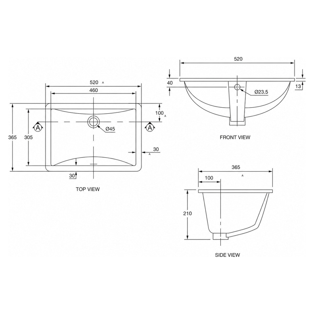 AMERICAN STANDARD CYGNET UNDER COUNTER BASIN OVERFLOW WHITE 550MM