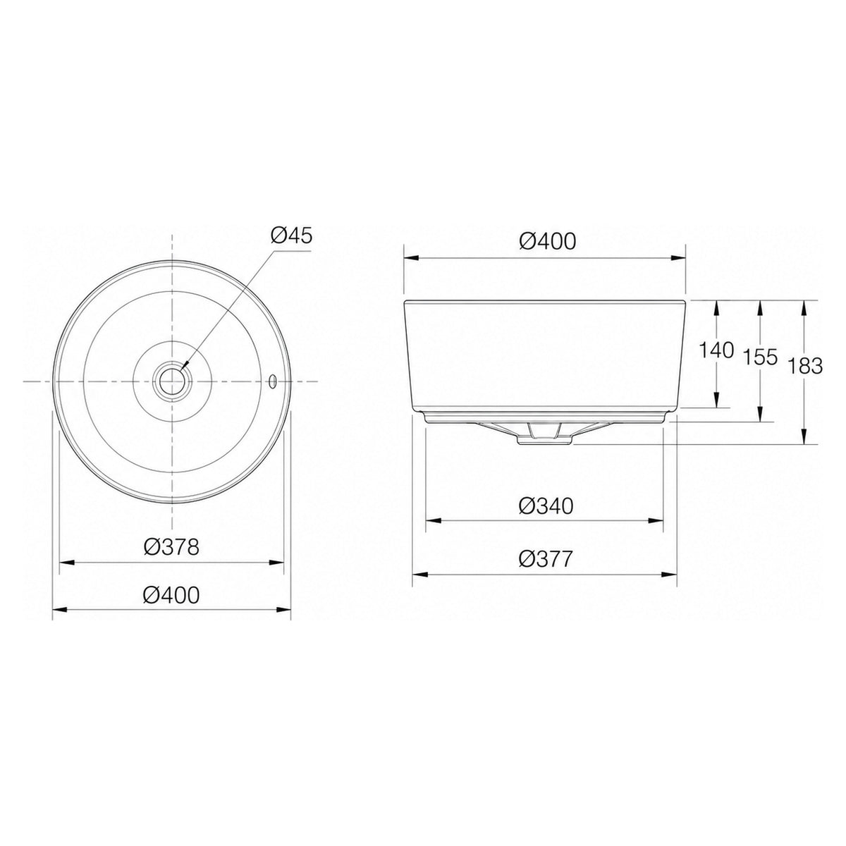 AMERICAN STANDARD CYGNET ROUND VESSEL BASIN OVERFLOW WHITE 400MM