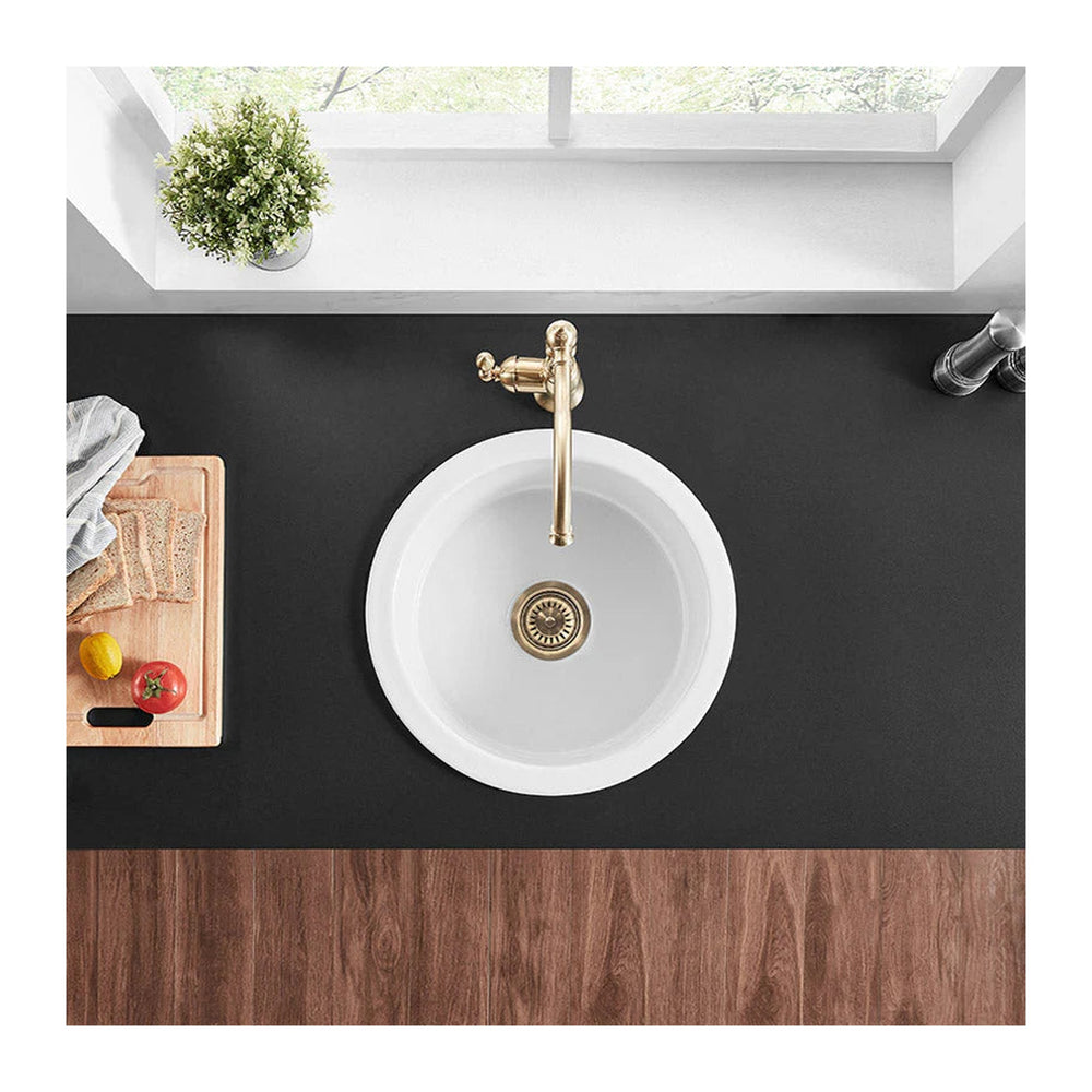 VITO NADIA ROUND SINGLE BOWL INSET AND UNDERMOUNT FIRECLAY KITCHEN SINK GLOSS WHITE 470MM