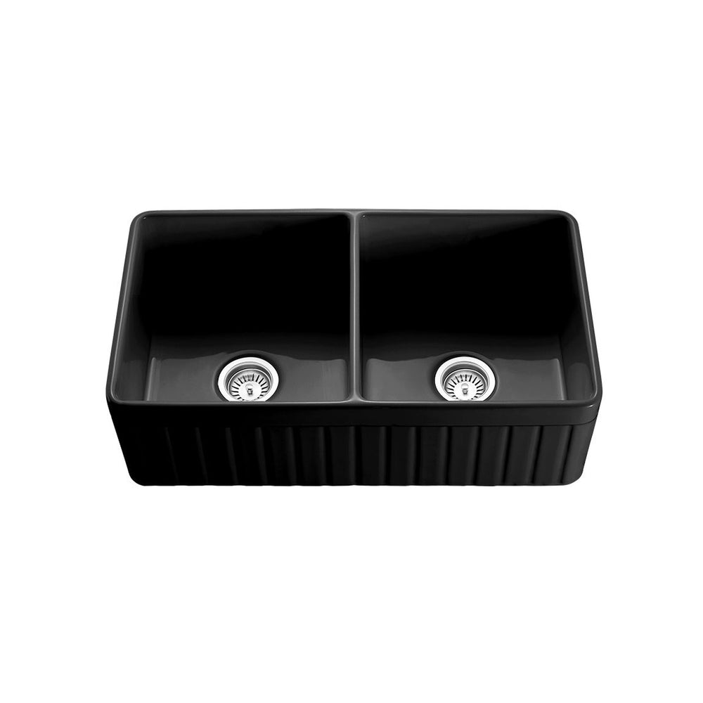 VITO BRADLEY FIRECLAY DOUBLE BOWL FARMHOUSE KITCHEN SINK MATTE BLACK 838MM