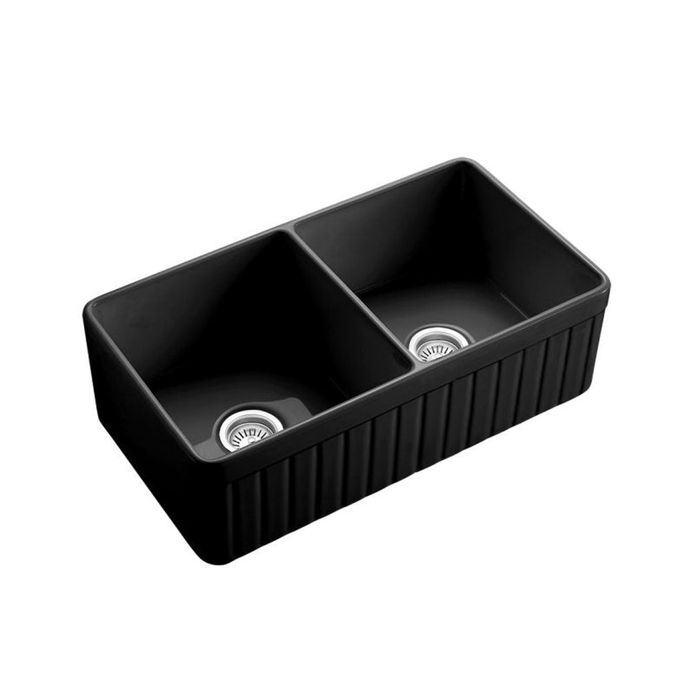 VITO BRADLEY FIRECLAY DOUBLE BOWL FARMHOUSE KITCHEN SINK MATTE BLACK 838MM