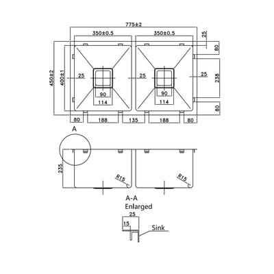 VITO STAINLESS STEEL DOUBLE BOWL INSET AND UNDERMOUNT KITCHEN SINK 775MM