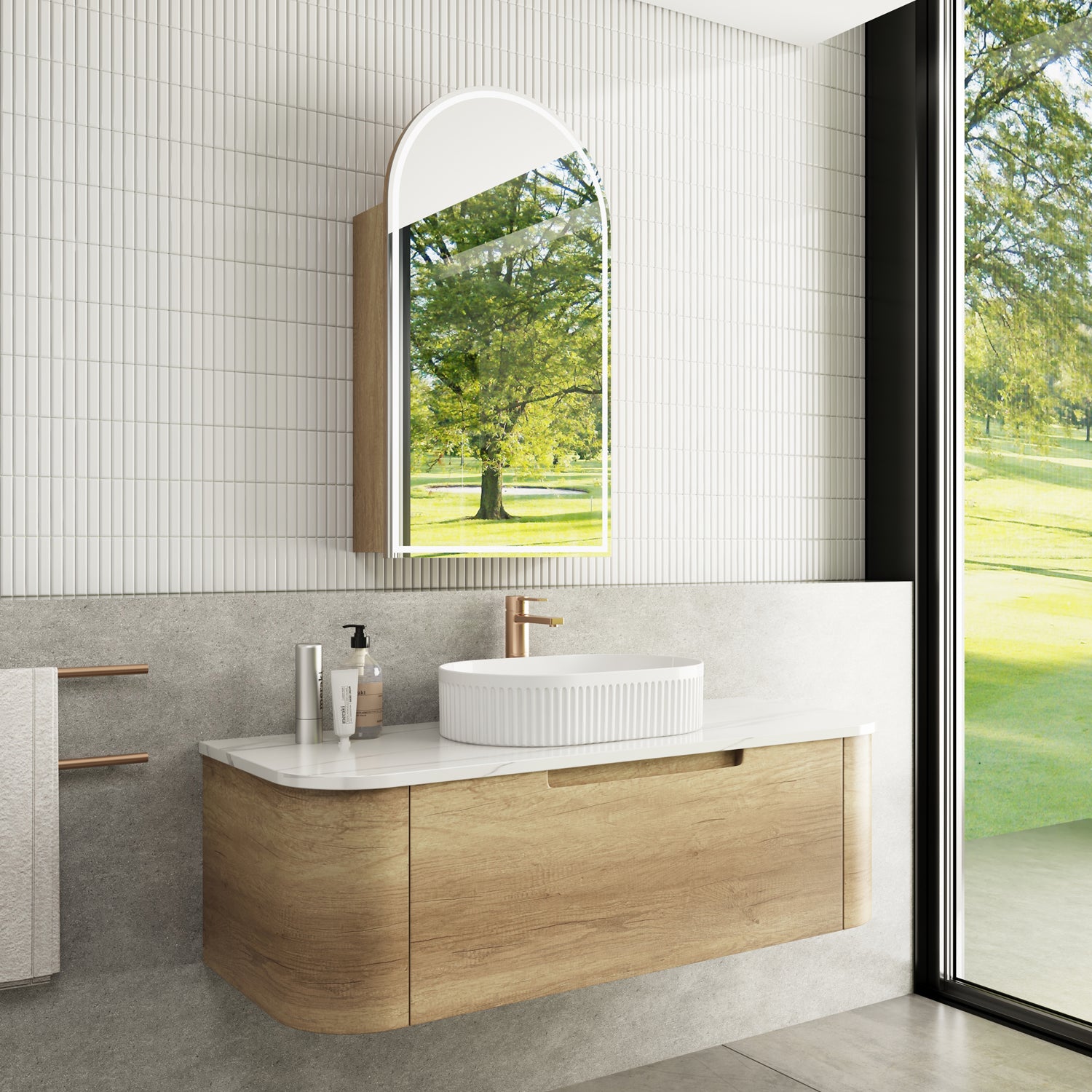 AULIC CARITA NATURAL TIMBER 1200MM CURVE SINGLE BOWL WALL HUNG VANITY