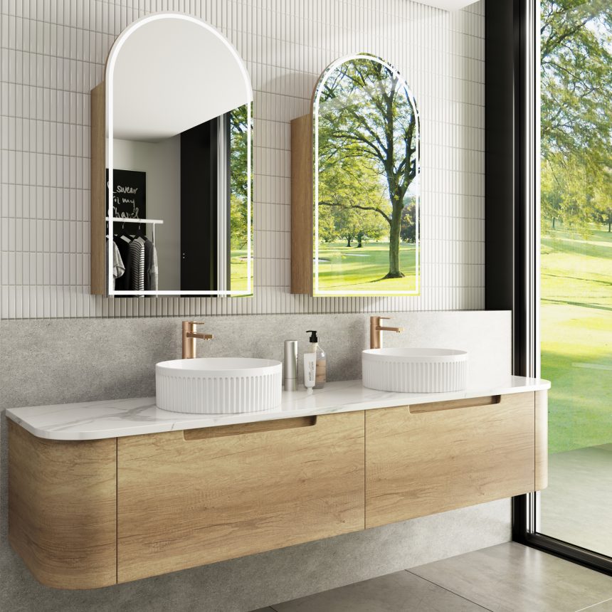 AULIC CARITA NATURAL TIMBER 1800MM CURVE DOUBLE BOWL WALL HUNG VANITY