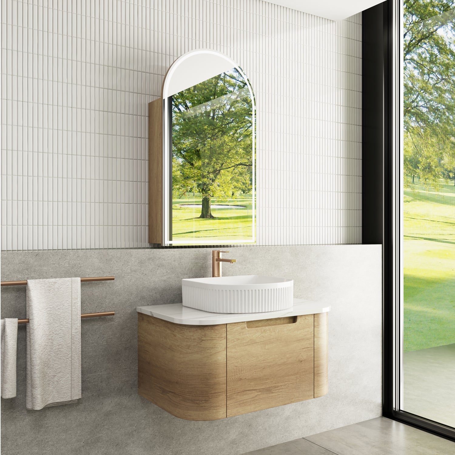 AULIC CARITA NATURAL TIMBER 750MM CURVE SINGLE BOWL WALL HUNG VANITY