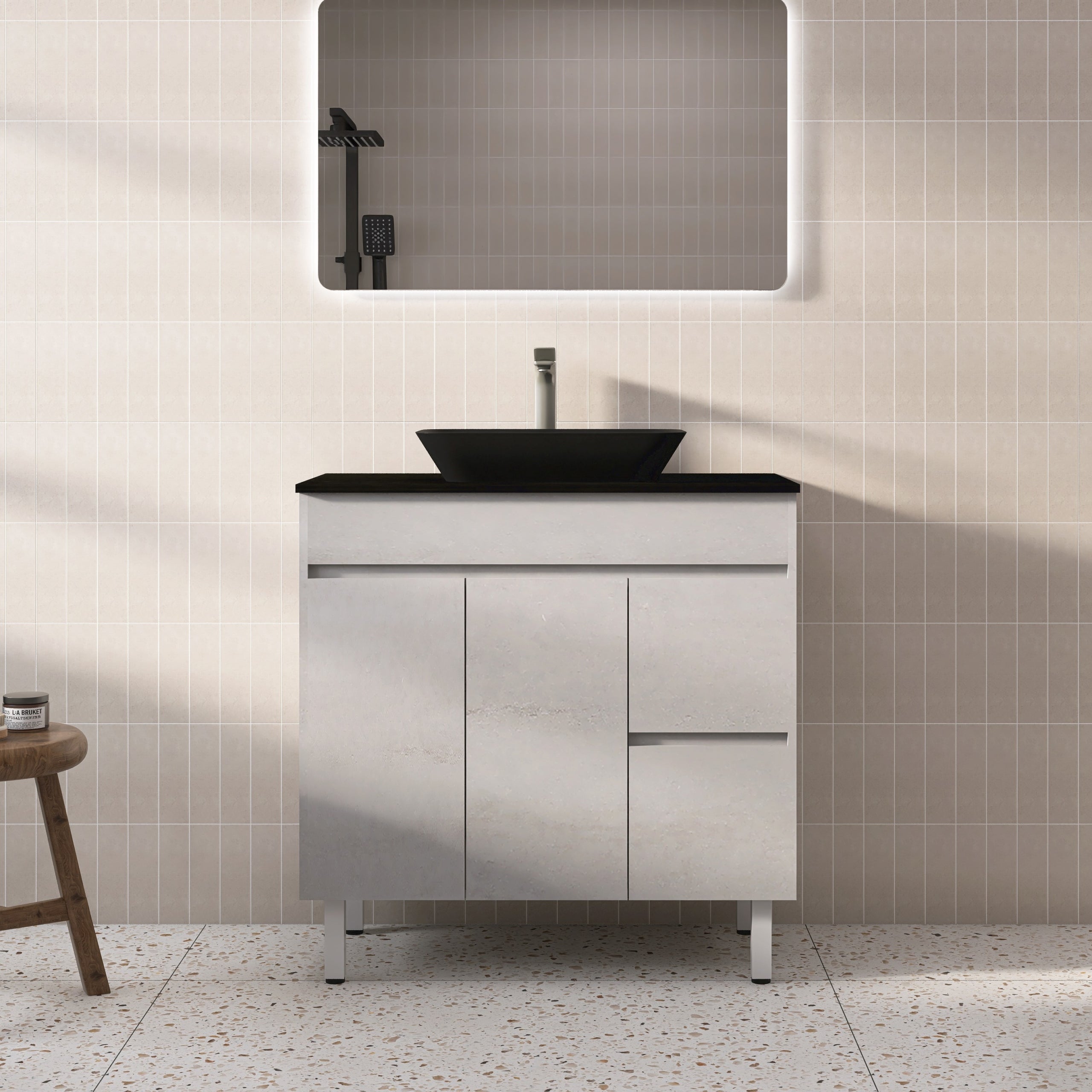 POSEIDON NOVA PLYWOOD CONCRETE GREY 900MM FLOOR STANDING VANITY (AVAILABLE IN LEFT HAND DRAWER AND RIGHT HAND DRAWER)