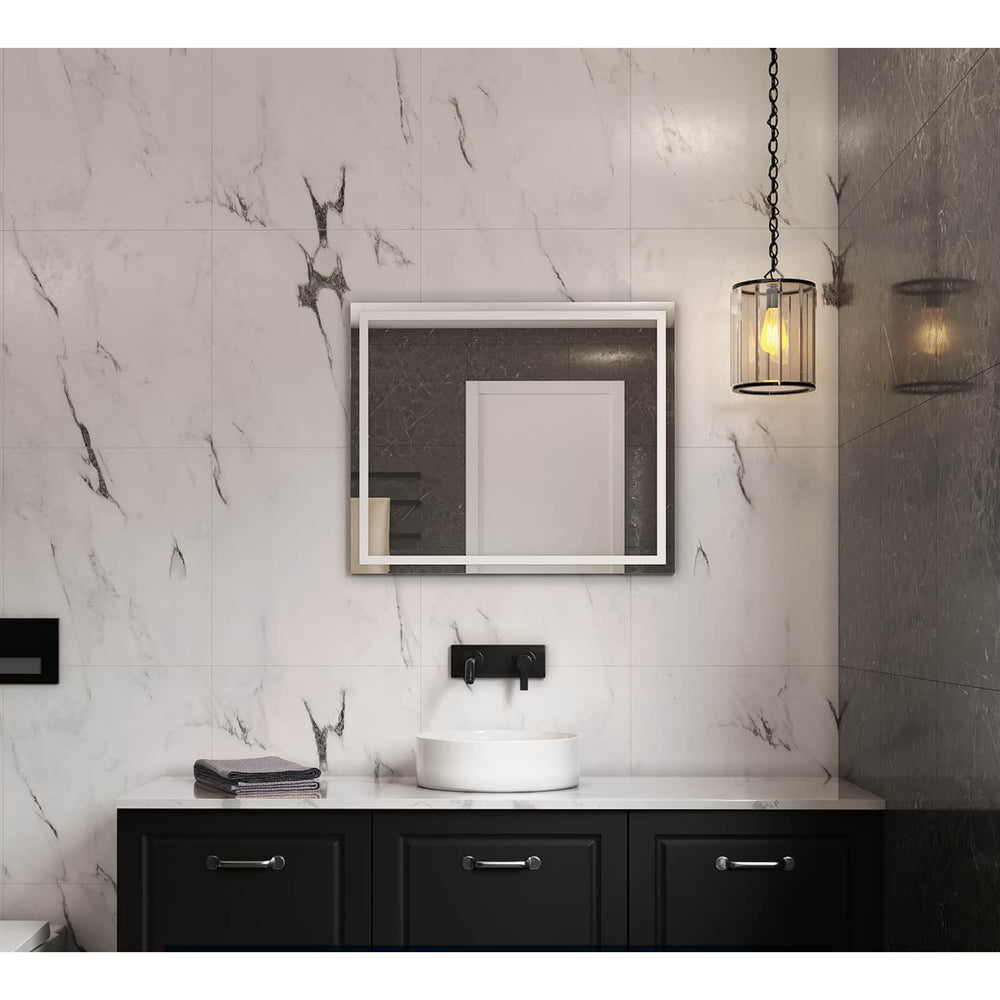 THERMOGROUP ABLAZE RECTANGLE MIRROR SANDBLASTED BORDER AND DEMISTER 600X750MM