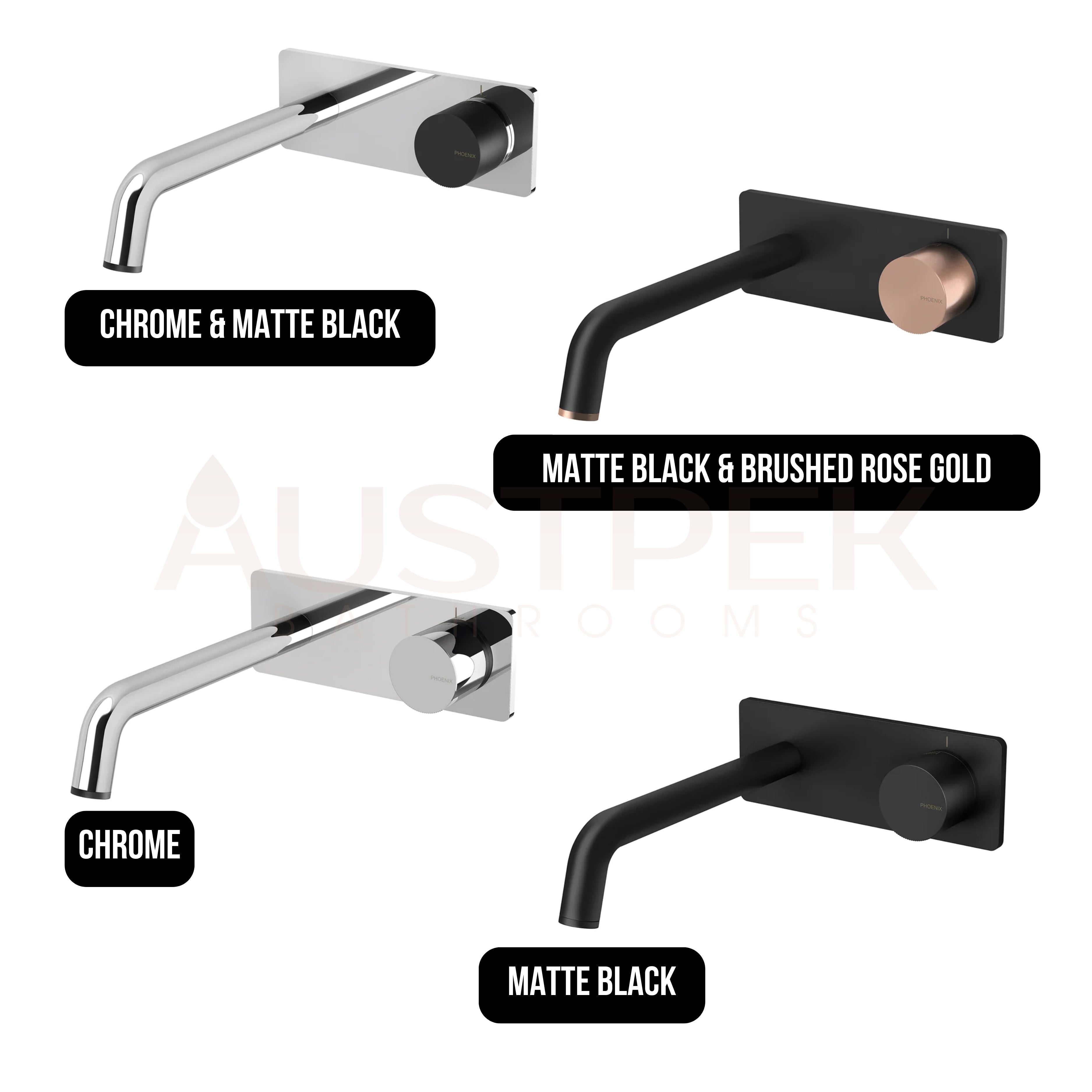PHOENIX TOI WALL BASIN BATH MIXER SET 180MM MATTE BLACK AND BRUSHED ROSE GOLD