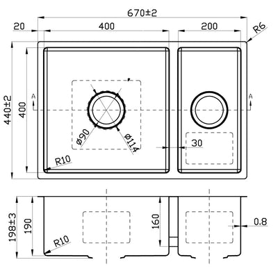 IKON CORA 1.5 BOWL UNDERMOUNT SINK STAINLESS STEEL 670MM