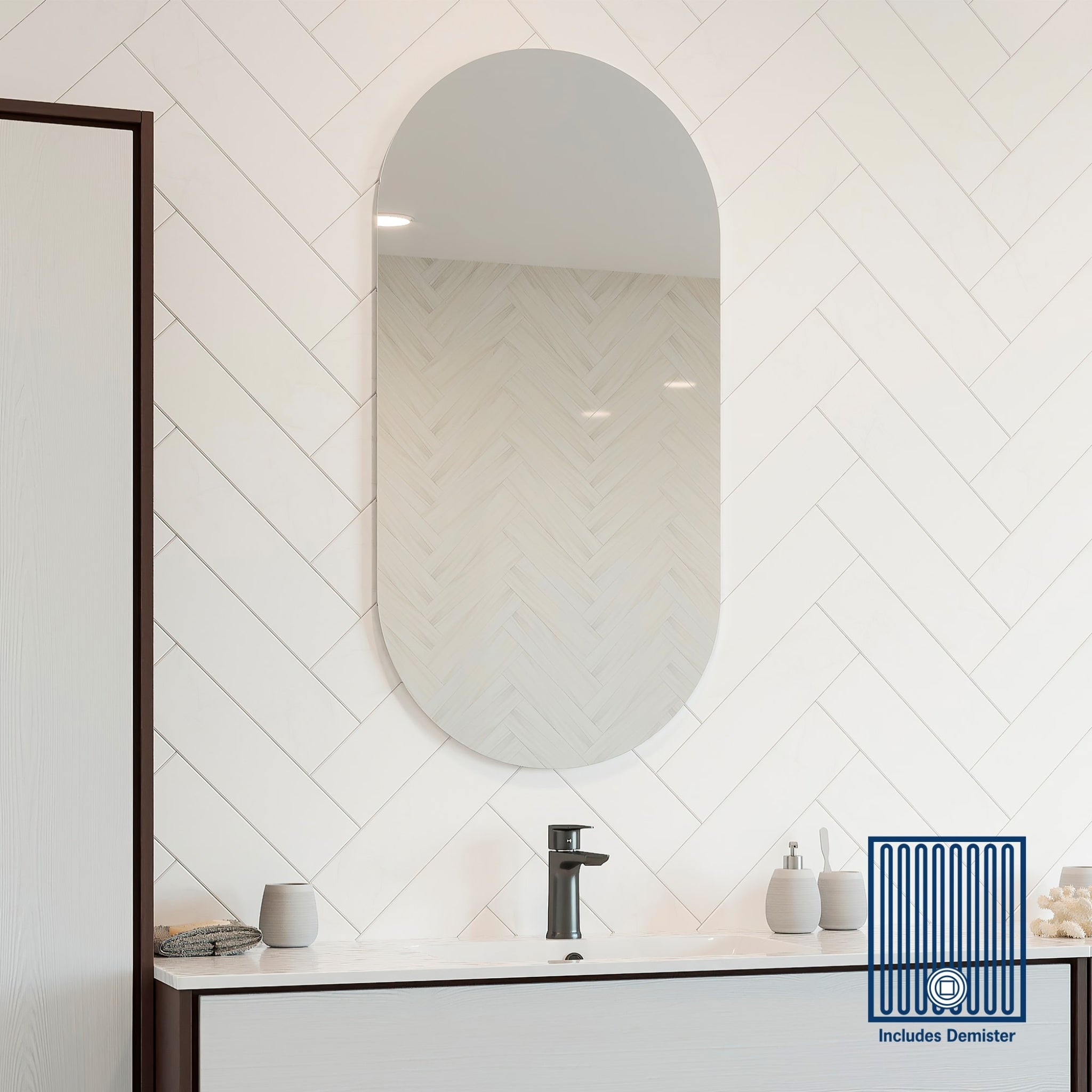 THERMOGROUP ABLAZE PILL SHAPE MIRROR WITH HANGERS INCLUDING DEMISTER 500X1000MM